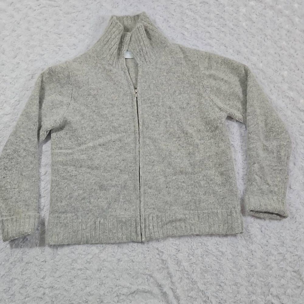 Womens Petite Medium Angora Rabbit Hair Lambswool Full Zip Collared Grey Sweater